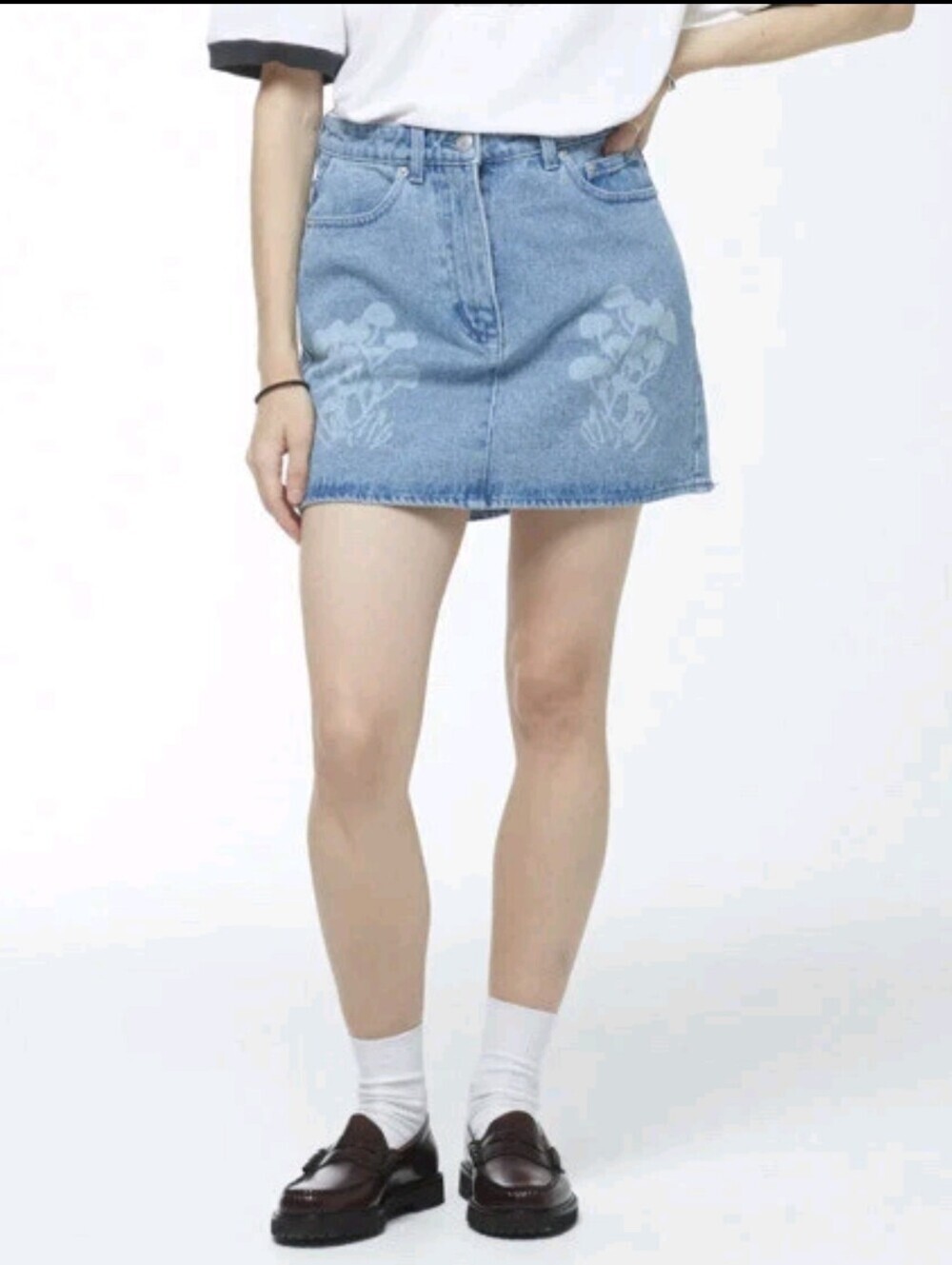 Obey Light Blue Denim Mini Skirt with Subtle Floral Print